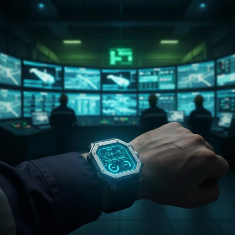 pekerja dengan smartwatch sensor dan dashboard fatigue.