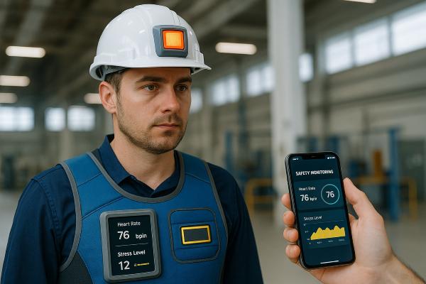 pekerja memakai smart helmet, smart vest, smartwatch, dan sensor.