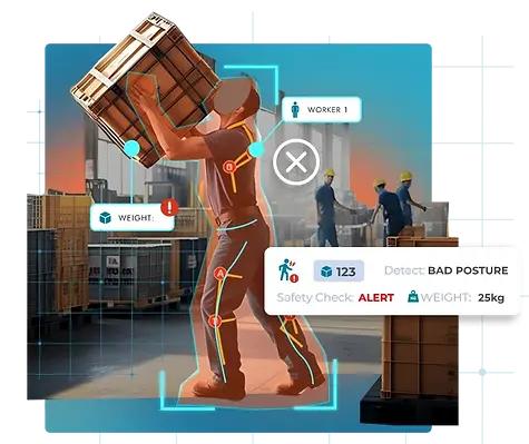 pekerja mengangkat barang dengan skeleton body-pose AI