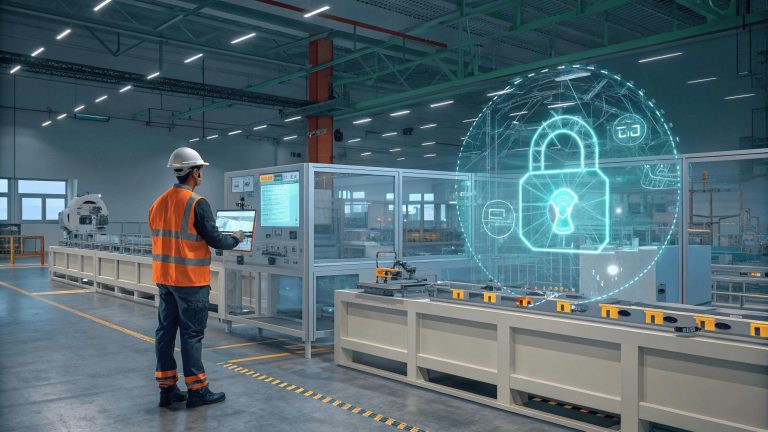 pekerja pabrik - layar cybersecurity - mesin industri.