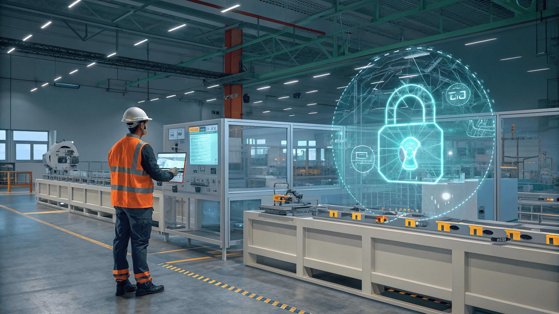 pekerja pabrik - layar cybersecurity - mesin industri.
